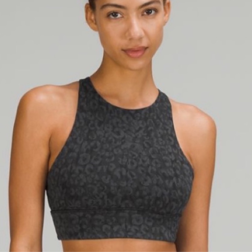 lululemon athletica high neck cheetah print energy bra.